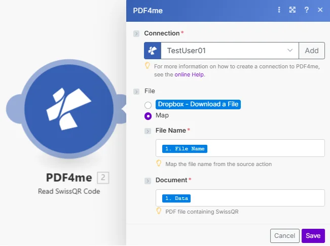 Clique para ampliar O módulo PDF4me Read SwissQR Code mostra a conexão definida como TestUser01 e o arquivo definido como Map, com os campos Nome do Arquivo e Documento mapeados na etapa 1.